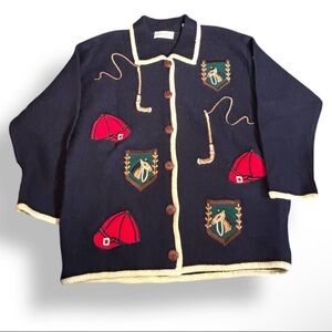 Vintage Marisa Christina Wool Cardigan: Equestrian Horse Appliqué Size M